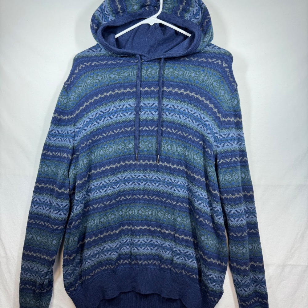 IZOD‎ Mens Fair Isle Pattern Knit Hoodie Pullover Blue Green Size Large